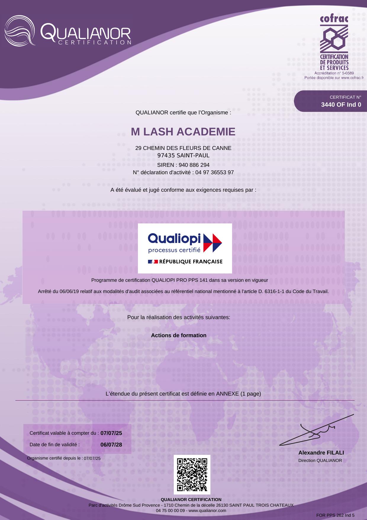 Certificat Qualiopi n° 3440 OF délivré à M LASH ACADEMIE par QUALIANOR, page 1
